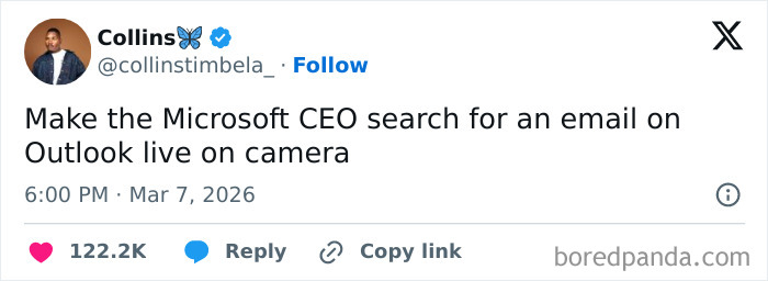 A tweet about the painful realities of 9-to-5 life, suggesting a Microsoft CEO search for an email on Outlook live.
