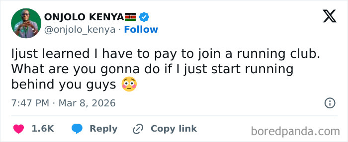 Funny post: A tweet by ONJOLO KENYA about having to pay to join a running club and just running behind people. reality of being an adult.