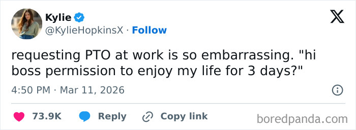 A tweet about the painful realities of 9-to-5 life, showing a user commenting on requesting PTO at work.