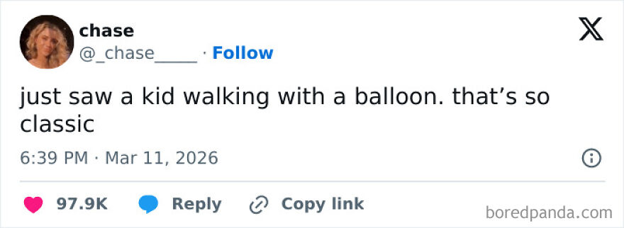 A hilariously unhinged screenshot of a tweet about seeing a kid with a balloon.