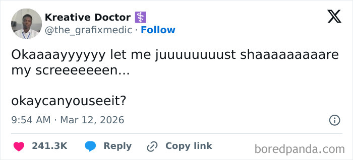 A tweet about the painful realities of 9-to-5 life, with a user comically struggling to share their screen.