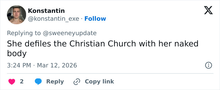 A fan comments on Sydney Sweeney modeling lace lingerie, stating She defiles the Christian Church.