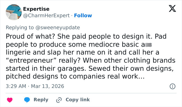 A screenshot of a tweet from Expertise replying to @sweeneyupdate, commenting on Sydney Sweeney's lingerie display.