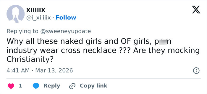 A fan comments on Sydney Sweeney modeling lace lingerie, questioning the use of cross necklaces.