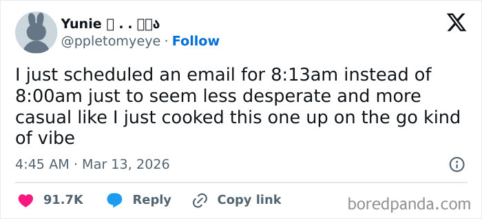 A tweet about scheduling an email at an odd time to seem less desperate, highlighting a relatable 9-to-5 life moment.
