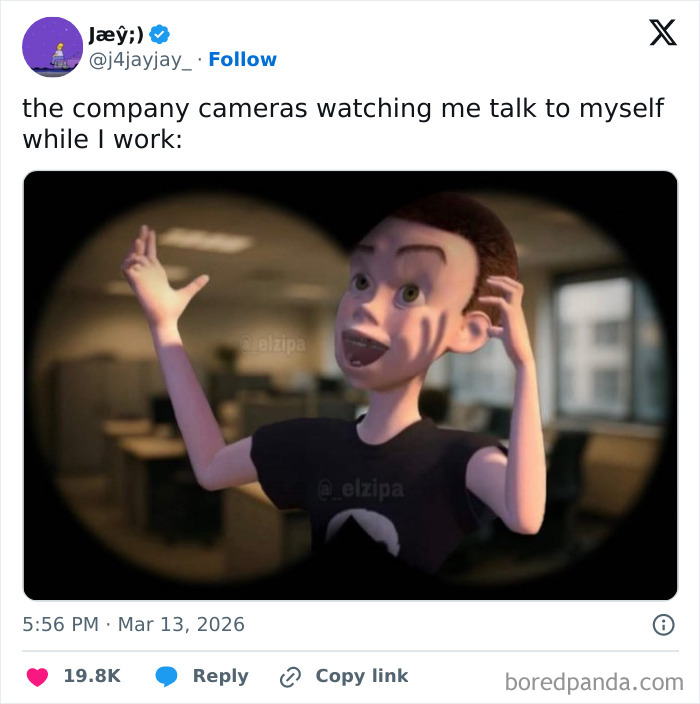 An animated character looking wide-eyed through binoculars, captioned about company cameras watching during 9-to-5 work.