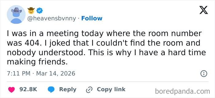 A tweet describing a joke about room 404 in a meeting, showing a funny and painful reality of 9-to-5 life social interactions.