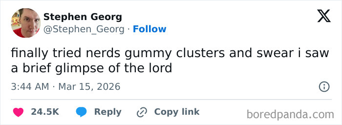 Funny tweet about nerds gummy clusters, capturing the reality of being an adult.