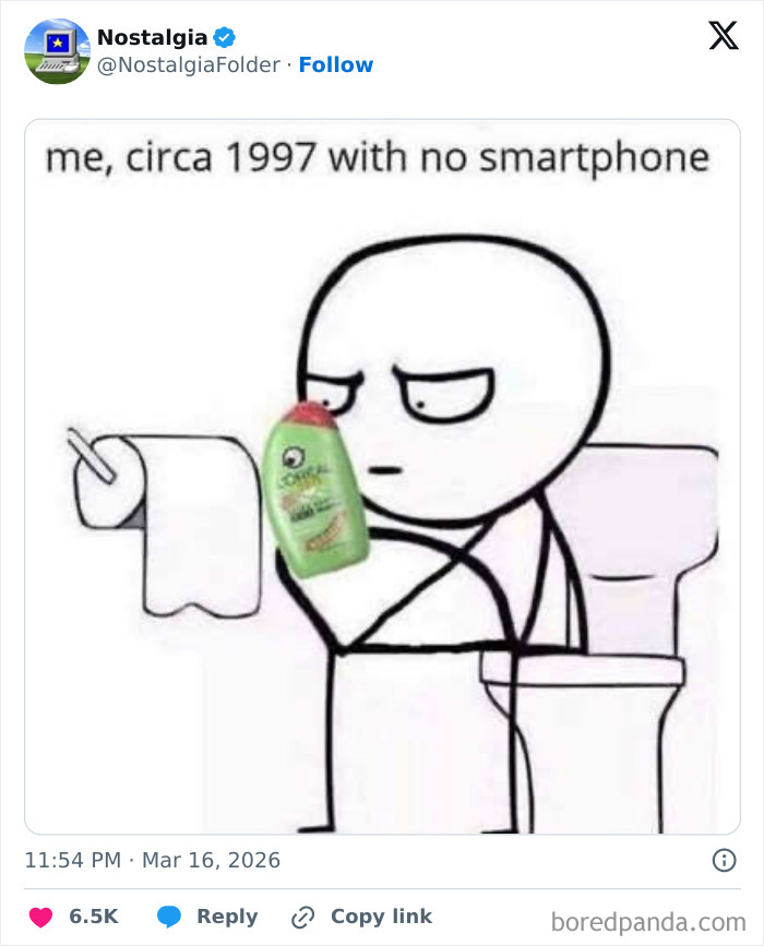 A meme depicting a stick figure sitting on a toilet, holding a shampoo bottle, labeled me, circa 1997 with no smartphone, evoking nostalgia.