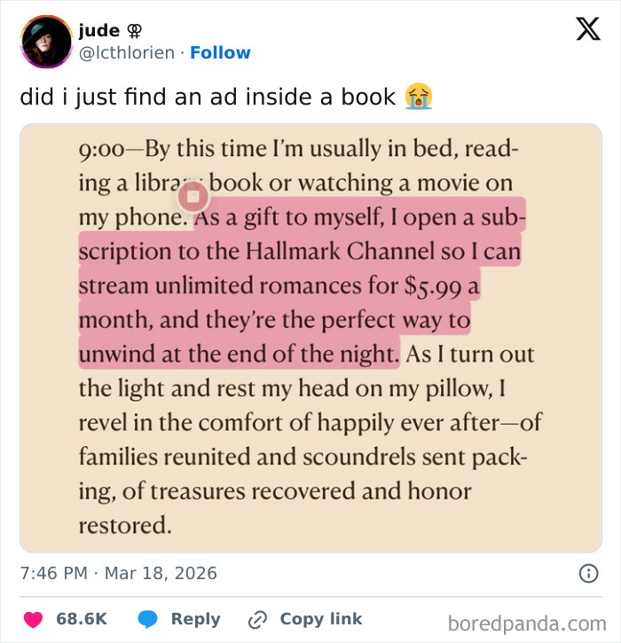 A tweet shows an ad for Hallmark Channel inside a book, highlighting insulting consumerism.
