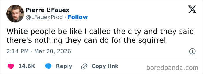 Funny post: A tweet by Pierre L'Fauex about white people calling the city for a squirrel. reality of being an adult.