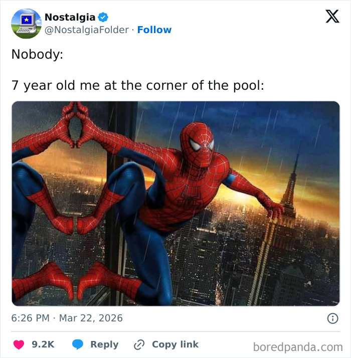 A Spiderman meme showing Spiderman in a pool, capturing a childhood moment, stirring feelings of nostalgia.