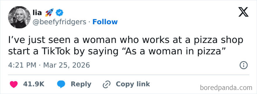 A tweet about a woman working at a pizza shop starting a TikTok video, among several hilariously unhinged screenshots.