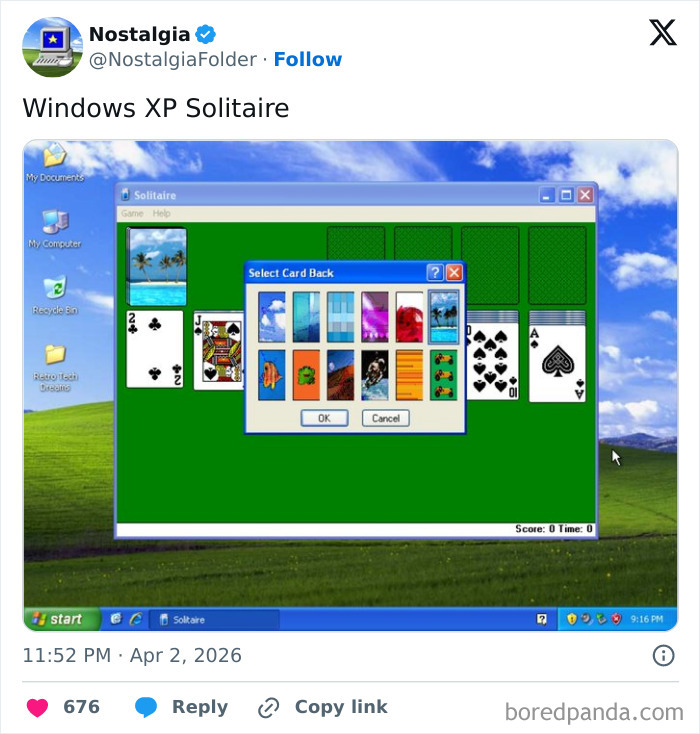 Windows XP Solitaire game with a card back selection menu, a nostalgic image that might make you remember things.
