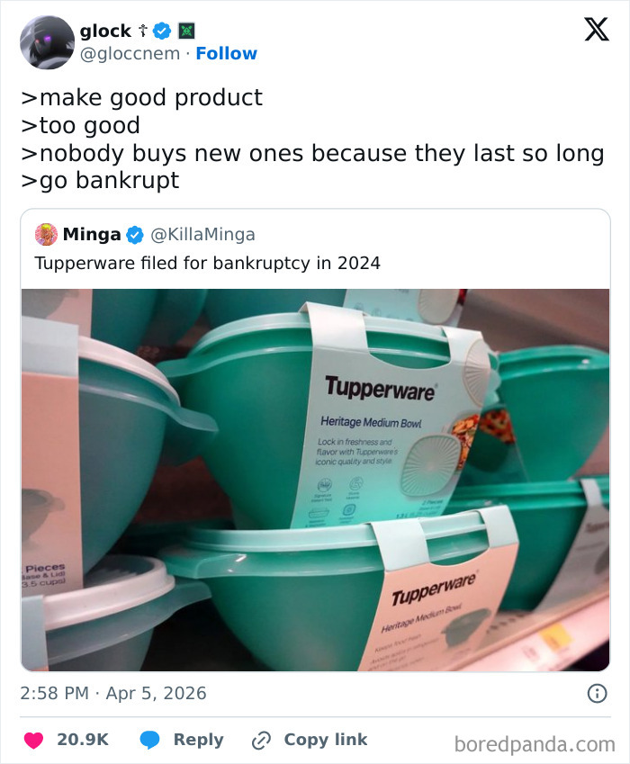A tweet about Tupperware filing for bankruptcy in 2024, leading to hilarious memes about product durability and business.