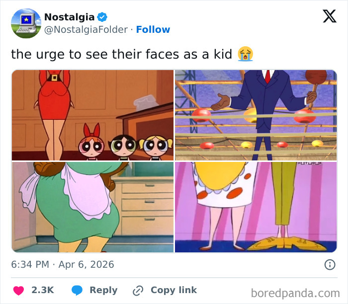Collage of cartoon characters from the chest down, a nostalgic image that might make you remember things from childhood.