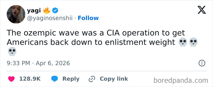 A funny post from yagi suggesting Ozempic is a CIA operation for enlistment weight, adult reality humor.