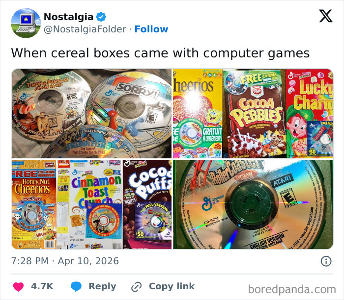 Various cereal boxes and computer game CDs, a nostalgic folder image that might make you remember things from the 90s.