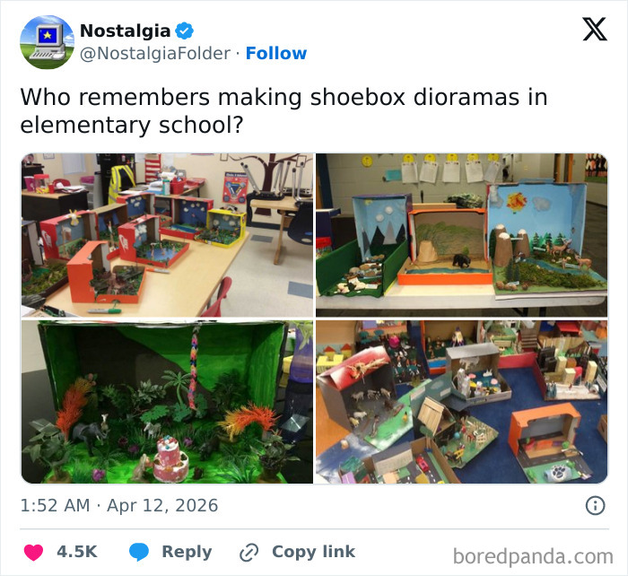 Several shoebox dioramas from elementary school, a nostalgic folder image that might make you remember things.