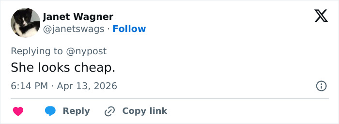 A screenshot of a tweet from Janet Wagner replying to @nypost with the comment She looks cheap. regarding Sydney Sweeney modeling lace lingerie.