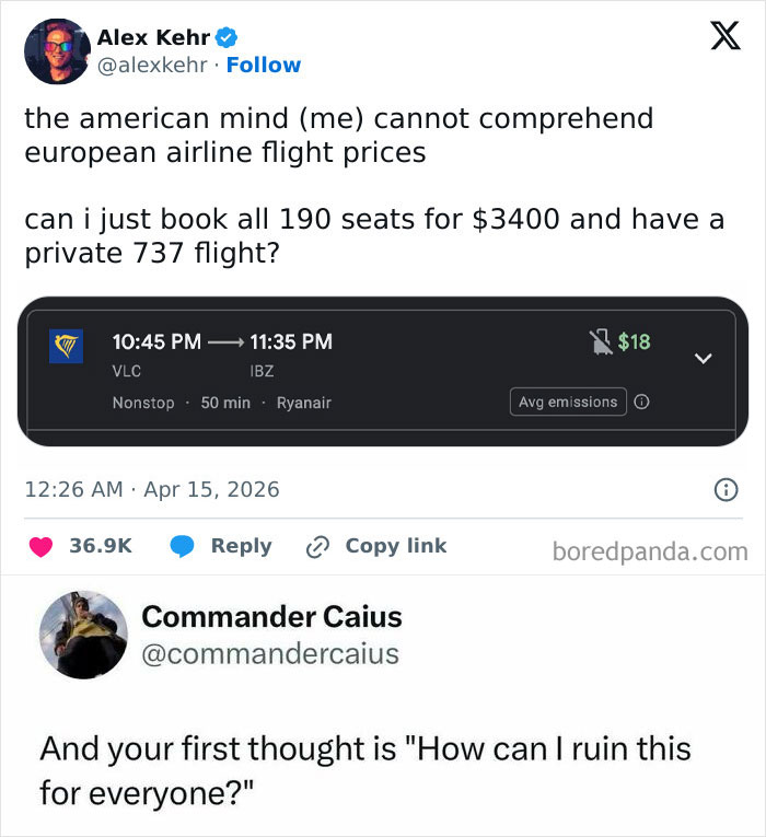 A random meme showing a tweet about cheap European airline flights and a humorous reply.