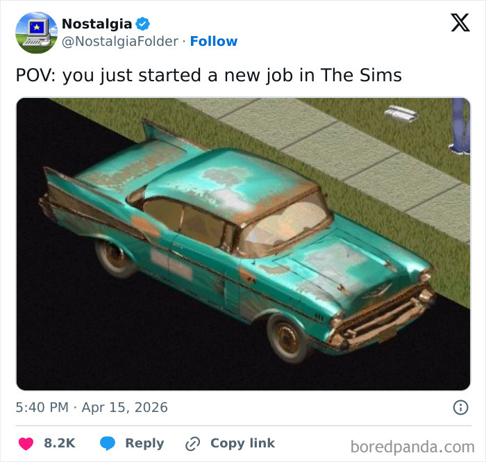 An old, rusted green car from The Sims game, bringing back nostalgia for early gaming and pixelated vehicles.