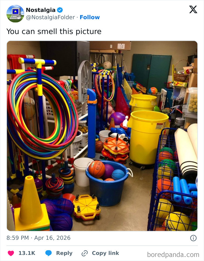 A cluttered room filled with colorful playground equipment and sports balls, sparking nostalgia for school gym classes and childhood memories.