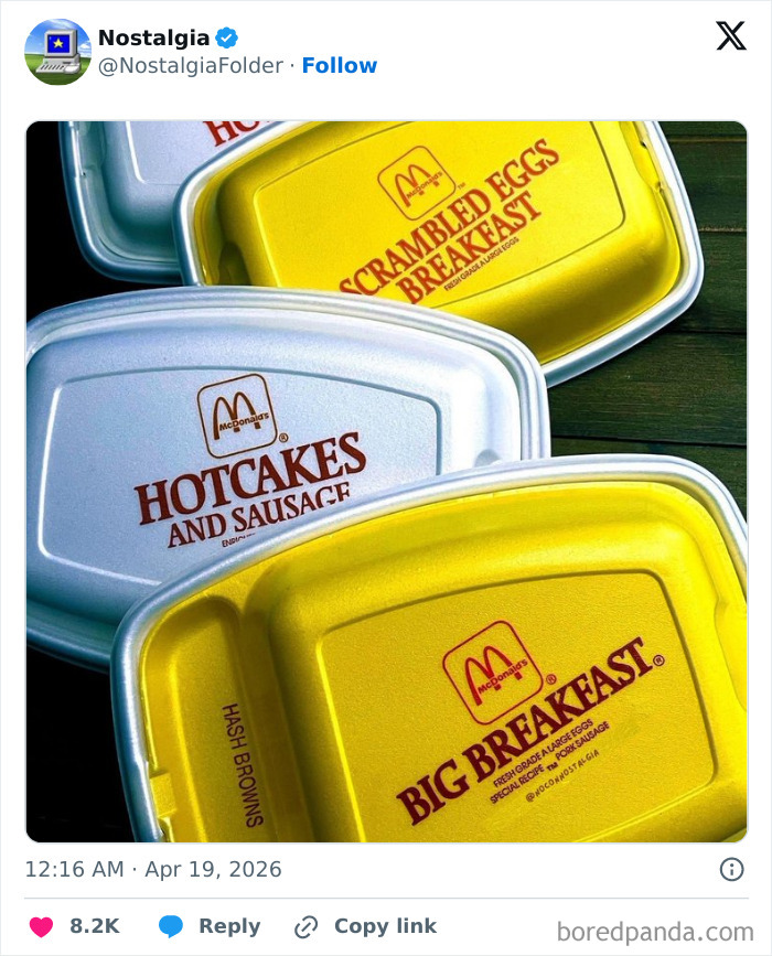 Classic McDonald's breakfast trays with scrambled eggs, hotcakes, and a big breakfast, evoking nostalgia.