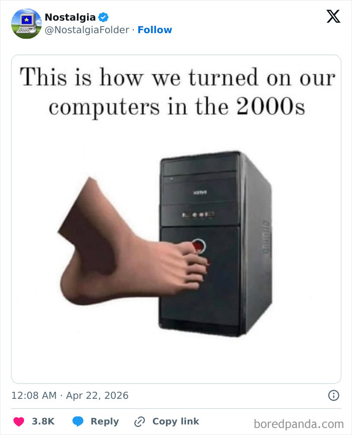 A humorous image showing a cartoon foot pressing the power button of a 2000s desktop computer, a nostalgic reminder of old tech.