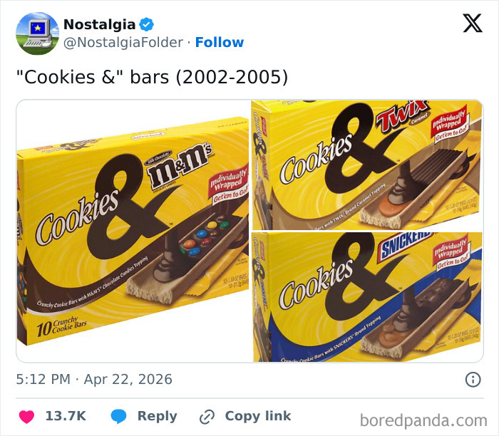 Boxes of Cookies & M&M's, Twix, and Snickers candy bars, a nostalgic treat from the 2000s that brings back forgotten memories.