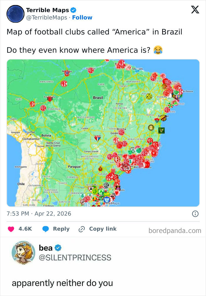 A map of Brazil with numerous football clubs named America for a quick laugh, highlighting a funny naming trend.