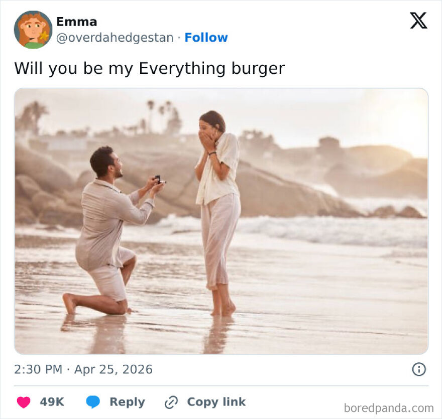 A funny unhinged screenshot of a tweet asking, Will you be my Everything burger, above a beach proposal.