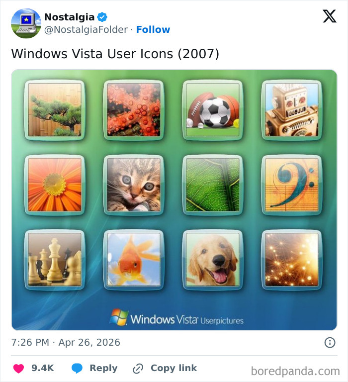 A grid of Windows Vista user icons, featuring diverse images like nature, animals, and objects, a nostalgic folder.