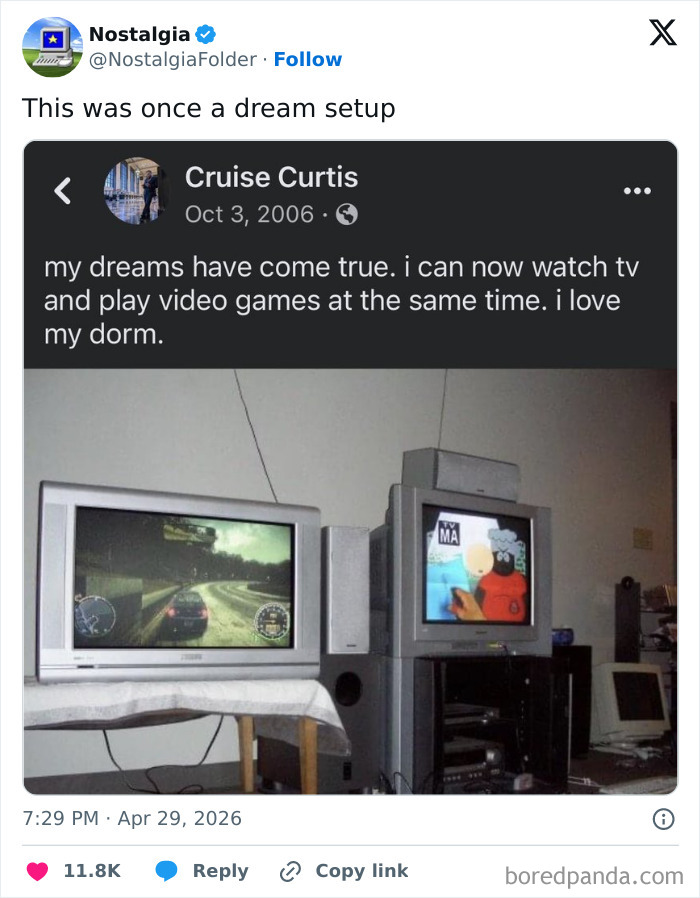 Two CRT televisions showing video games and cartoons in a dorm room, a nostalgic dream setup.