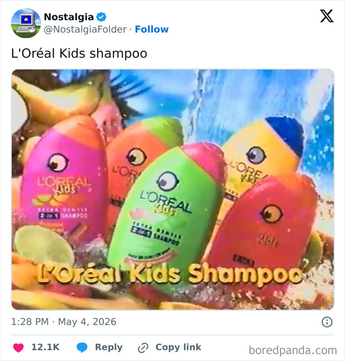 Several colorful, cartoon-faced bottles of L'Oréal Kids shampoo, bringing back nostalgic memories.