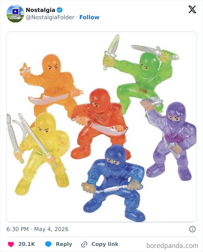 A set of colorful plastic ninja figures, each with a weapon, evoking memories from a nostalgia folder.
