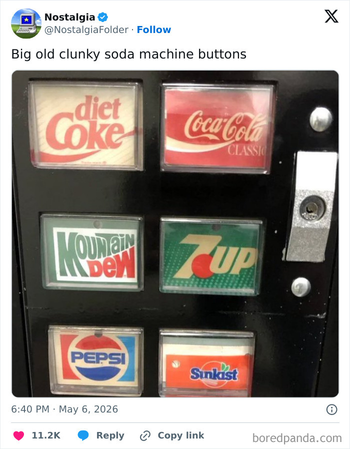 An image of old clunky soda machine buttons with various soda brands, stirring nostalgia for forgotten moments.