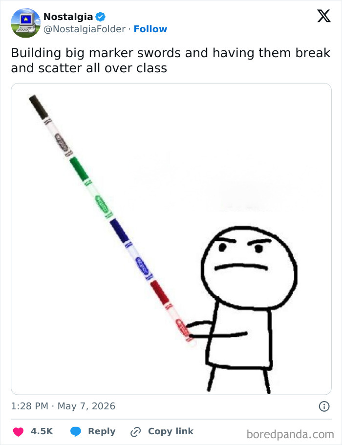 A stick figure holding a large sword made of stacked markers, a relatable image from a nostalgia folder for many.
