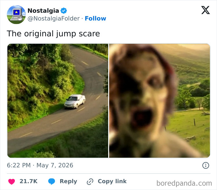 A split image meme, left side shows a car driving on a winding road, right side shows a blurred, screaming face. This image is from the Nostalgia Folder and will make you remember things you have long forgotten.