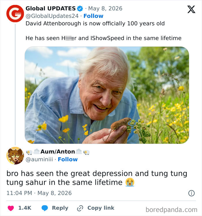 A funny pop culture post showing David Attenborough holding a small mouse in a field of flowers.