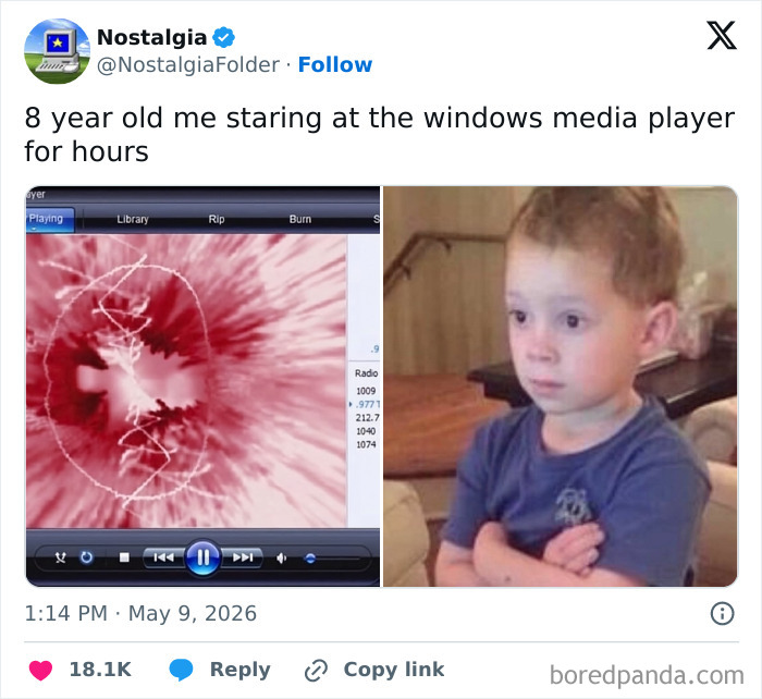A split image meme, left side shows Windows Media Player visualizer, right side shows a young boy with a skeptical expression. This image is from the Nostalgia Folder and will make you remember things you have long forgotten.