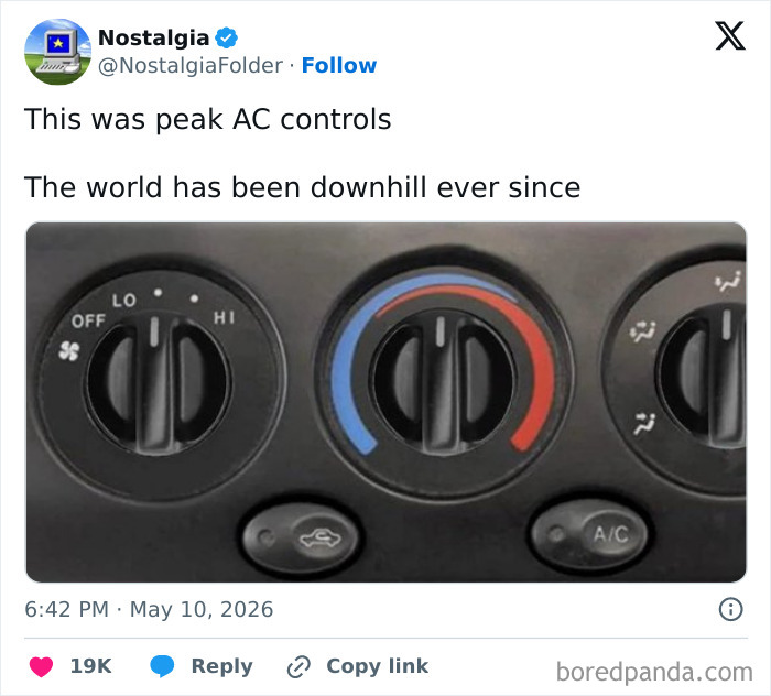Close up of old-school car AC controls with dials for off, lo, hi, and temperature. This image is from the Nostalgia Folder and will make you remember things you have long forgotten.