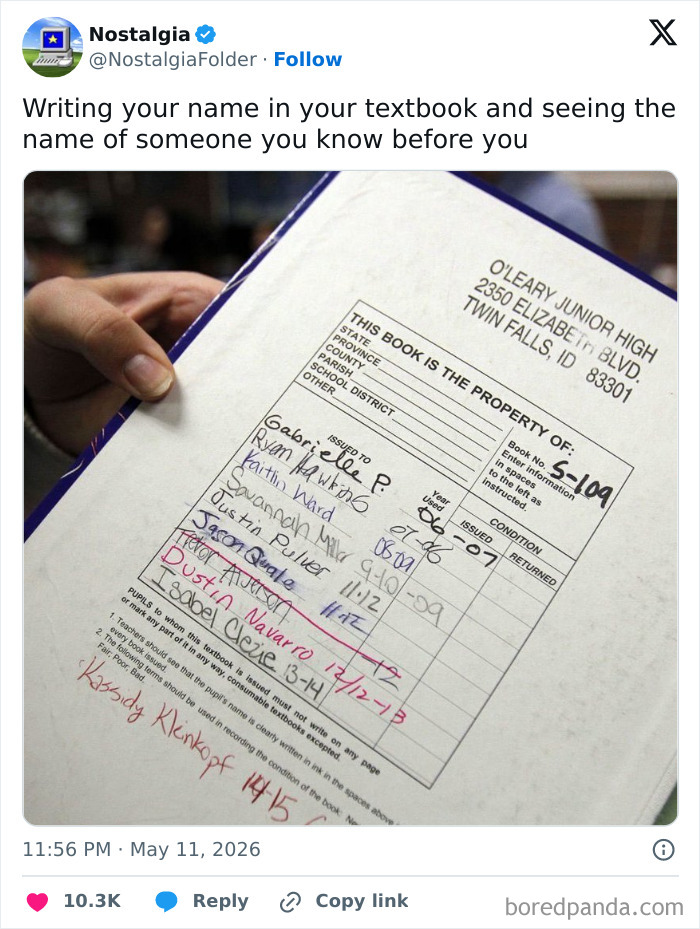 A textbook page with a list of previous students names written in it. This image is from the Nostalgia Folder and will make you remember things you have long forgotten.