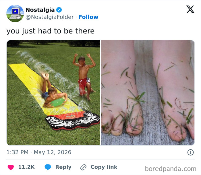 Image from Nostalgia Folder showing two kids on a Slip N Slide and feet with grass between toes, a childhood memory.