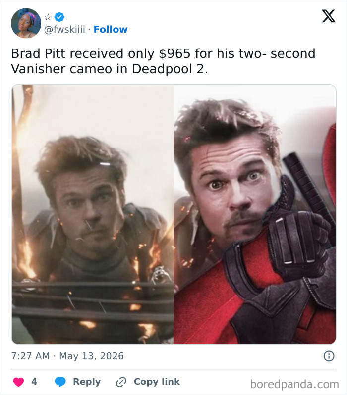 A split image of Brad Pitt as Vanisher in Deadpool 2, a funny pop culture post about his cameo and payment.