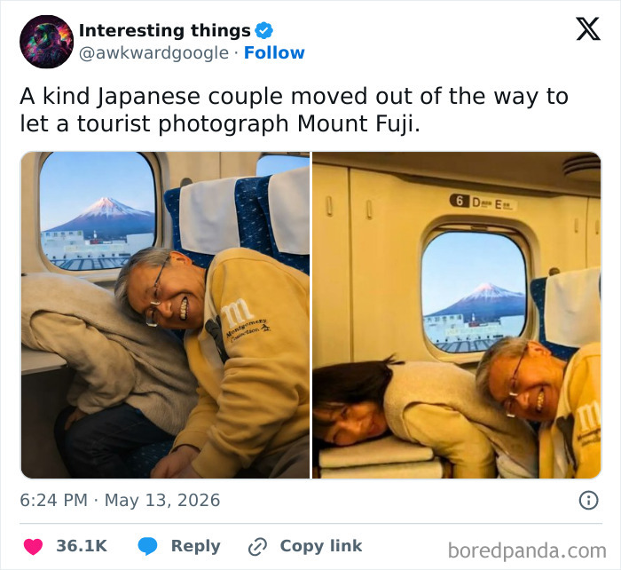 A Japanese couple moving aside on a train to allow a tourist to photograph Mount Fuji for a quick laugh.