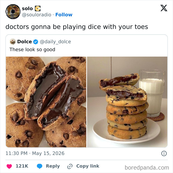 A meme showing a stack of chocolate lava cookies, humorously implying health risks with the caption, providing a quick laugh.