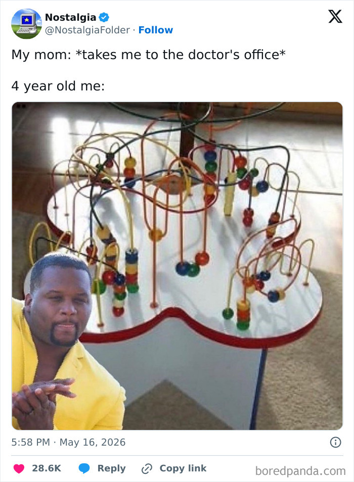 Image from Nostalgia Folder of a man reacting to a doctor's office bead maze, a relatable childhood memory.