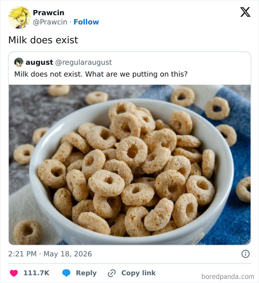 A hilariously unhinged screenshot of a tweet chain debating the existence of milk, with a bowl of dry cereal.
