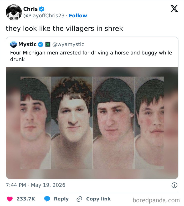 A funny meme featuring mugshots of four Michigan men arrested for driving a horse and buggy while drunk, compared to Shrek villagers.